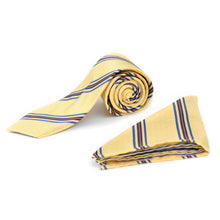Load image into Gallery viewer, Umo Lorenzo Yellow Striped &amp; Solid Tie with Matching Hanky Gift Box Set – 4pc Formal Accessory Collection
