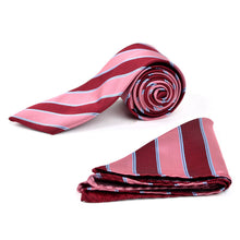 Load image into Gallery viewer, Umo Lorenzo Burgundy Big Striped &amp; Solid Tie with Matching Hanky Gift Box Set – 4pc Formal Polyester Accessory Set
