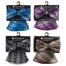 Load image into Gallery viewer, Laurant Bennet Diamond Pattern Banded Bow Tie &amp; Matching Hanky Pocket Round Set
