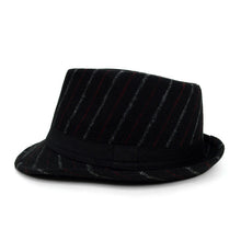 Load image into Gallery viewer, Westend Fall/Winter Black Wool-Type Trilby Fedora Hat with Burgundy &amp; Gray Stripes
