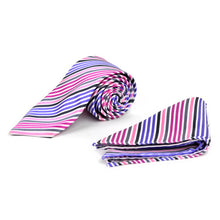 Load image into Gallery viewer, Umo Lorenzo Pink Striped &amp; Solid Tie with Matching Hanky Gift Box Set – 4pc Men’s Formal Accessory Set
