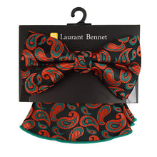 Load image into Gallery viewer, Laurant Bennet Red Paisley Banded Bow Tie &amp; Matching Hanky Set
