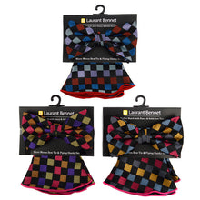 Load image into Gallery viewer, Laurant Bennet Checkered Pattern Banded Bow Tie &amp; Matching Hanky Pocket Round Set
