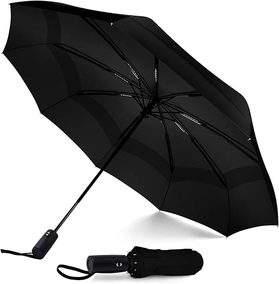 Parquet Black Compact Auto Open/Close Umbrella – Windproof Travel Umbrella with Fiberglass Handle