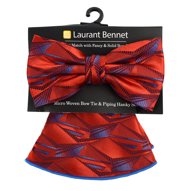 Laurant Bennet Abstract Lines Banded Bow Tie & Matching Hanky Pocket Round Set