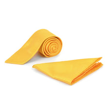 Load image into Gallery viewer, Umo Lorenzo Dotted &amp; Solid Yellow Tie with Matching Hanky Gift Box Set – 4pc Polyester Formalwear Set
