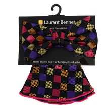 Load image into Gallery viewer, Laurant Bennet Checkered Pattern Banded Bow Tie &amp; Matching Hanky Pocket Round Set
