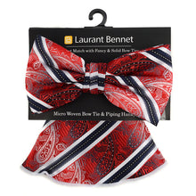 Load image into Gallery viewer, Laurant Bennet Red &amp; Black Banded Bow Tie &amp; Matching Round Hanky Set
