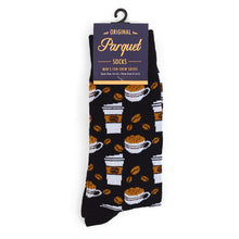 Load image into Gallery viewer, Parquet Men’s Coffee Cups Novelty Crew Socks – Black &amp; Brown Options
