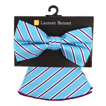 Load image into Gallery viewer, Laurant Bennet Striped Banded Bow Tie &amp; Matching Hanky Pocket Round Set

