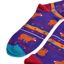 Load image into Gallery viewer, Parquet Men’s Brown Bear Fun Novelty Crew Socks – Purple or Light Blue
