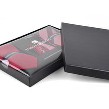 Load image into Gallery viewer, Umo Lorenzo Burgundy Big Striped &amp; Solid Tie with Matching Hanky Gift Box Set – 4pc Formal Polyester Accessory Set

