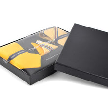 Load image into Gallery viewer, Umo Lorenzo Yellow Striped &amp; Solid Tie with Matching Hanky Gift Box Set – 4pc Formal Accessory Collection
