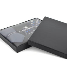 Load image into Gallery viewer, Umo Lorenzo Charcoal/Blue Geometric &amp; Solid Tie with Matching Hanky Gift Box Set – 4pc Men’s Formal Accessory Set
