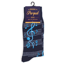 Load image into Gallery viewer, Parquet Men’s Music Notes Novelty Crew Socks – Navy or Black
