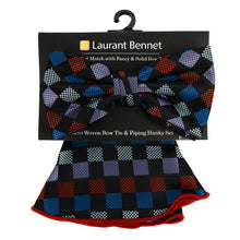 Load image into Gallery viewer, Laurant Bennet Checkered Pattern Banded Bow Tie &amp; Matching Hanky Pocket Round Set
