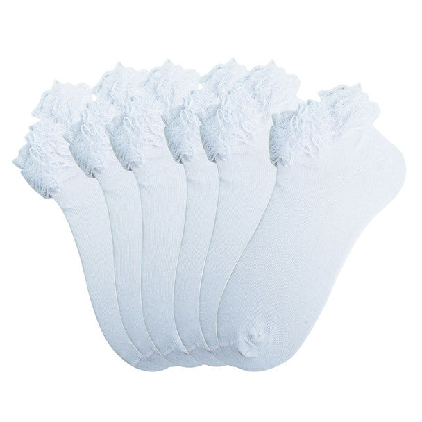 12-Pack Solid Color Frilly Lace Ankle Socks for Women – Black or White