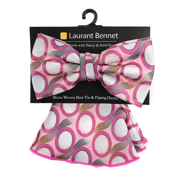 Laurant Bennet Circle Pattern Banded Bow Tie & Matching Hanky Pocket Round Set