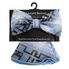 Load image into Gallery viewer, Laurant Bennet Geometric Paisley Banded Bow Tie &amp; Matching Hanky Pocket Round Set
