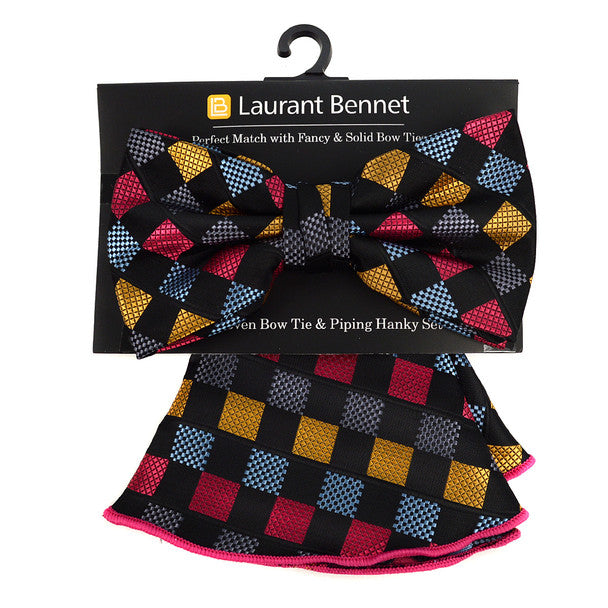 Laurant Bennet Checkered Pattern Banded Bow Tie & Matching Hanky Pocket Round Set