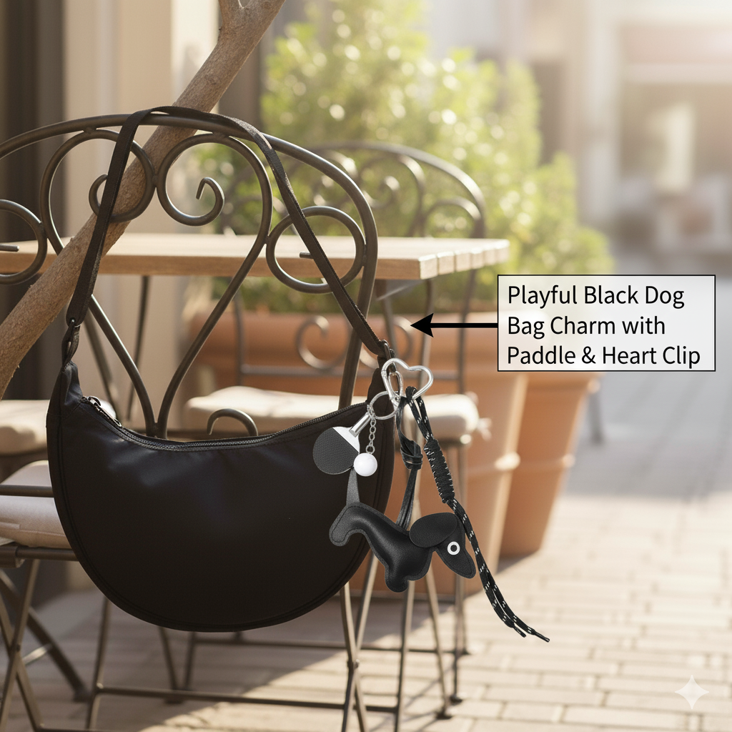 Playful Black Dog Bag Charm with Paddle & Heart Clip