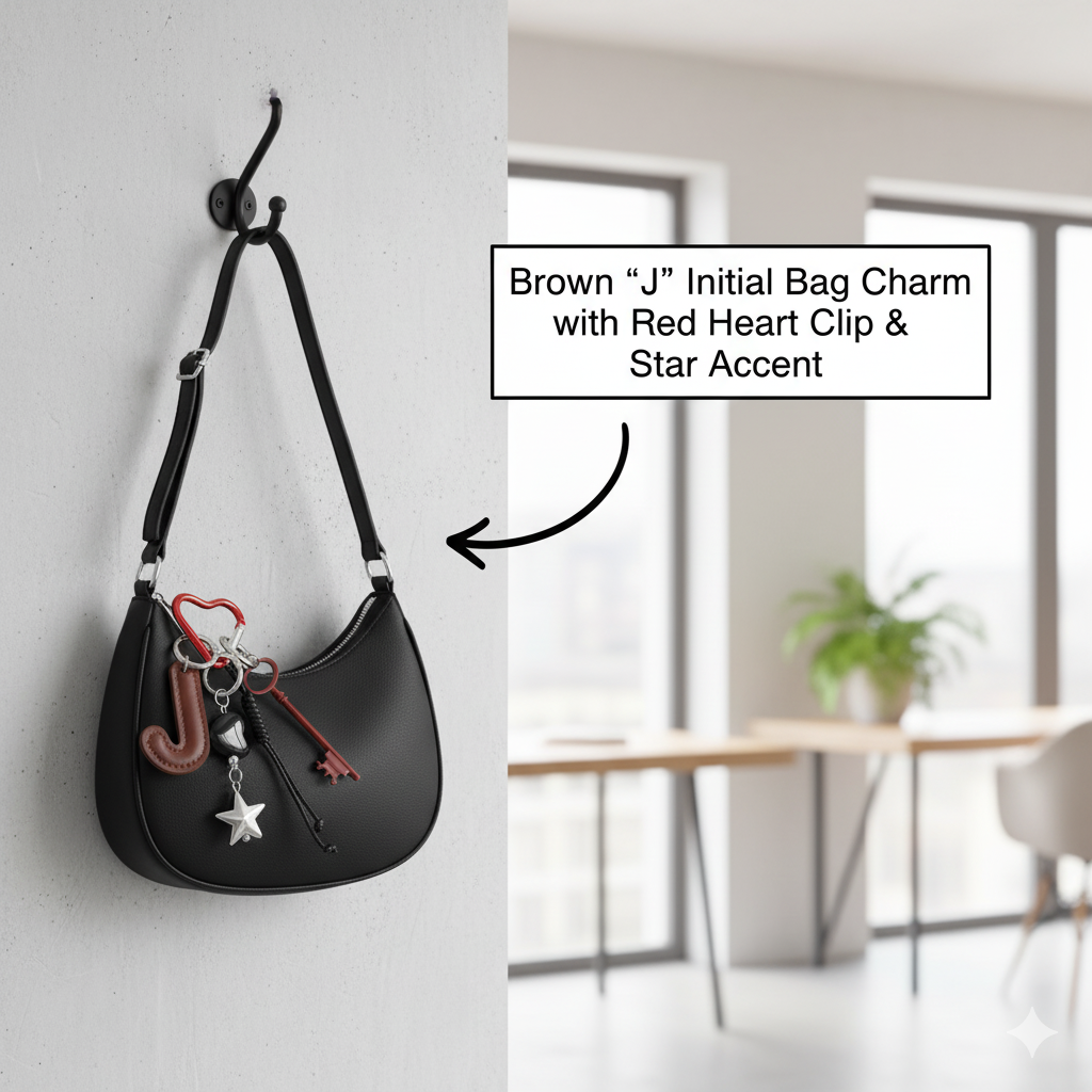 Brown “J” Initial Bag Charm with Red Heart Clip & Star Accent