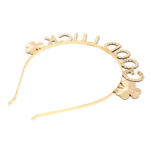 Load image into Gallery viewer, Back view of gold-tone "Good Luck" headband
