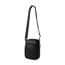 Load image into Gallery viewer, Black PU crossbody bag with adjustable patterned webbing strap
