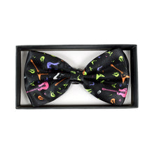Load image into Gallery viewer, Black novelty bow tie with colorful guitar pattern
