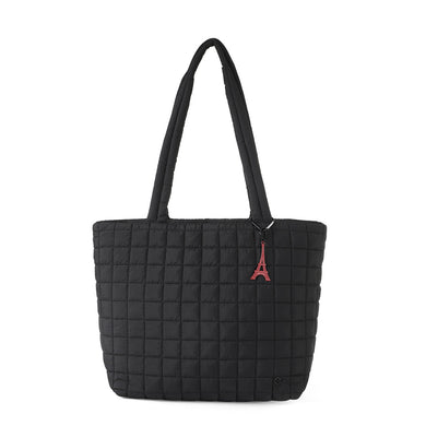 Black quilted nylon tote bag with red Eiffel Tower charm, front view