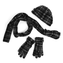 Load image into Gallery viewer, Cozy winter accessory set featuring plaid hat, scarf, and gloves
