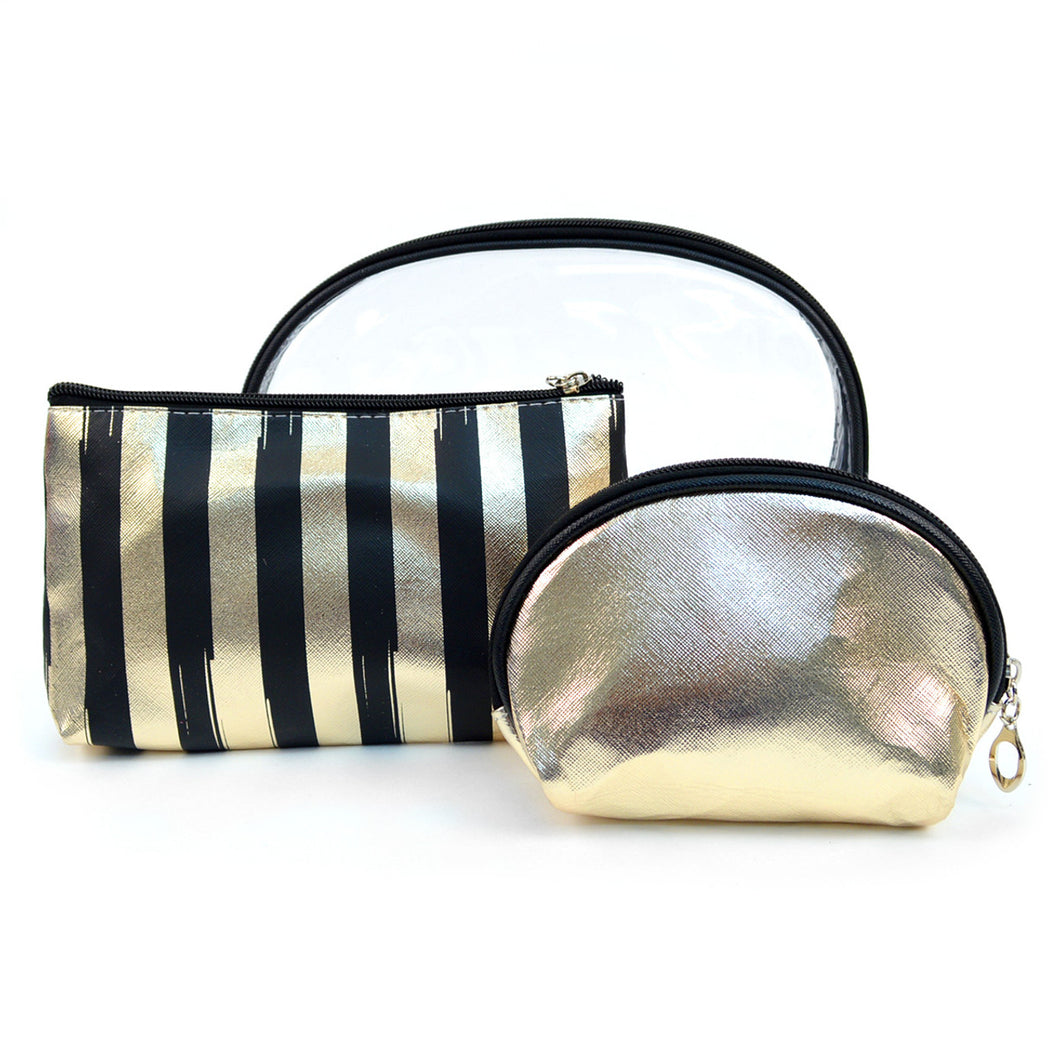 3 Piece Metallic Stripe Cosmetic Bag Set