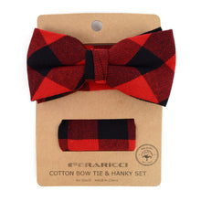 Load image into Gallery viewer, Men&#39;s Plaid Cotton Bow Tie &amp; Matching Pocket Square
