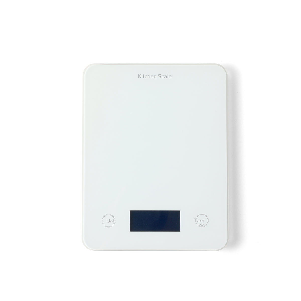 Digital white tempered glass kitchen scale with LCD screen and tare function