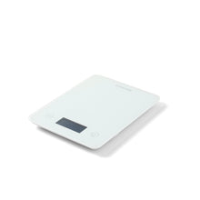 Load image into Gallery viewer, Digital white tempered glass kitchen scale with LCD screen and tare function angled
