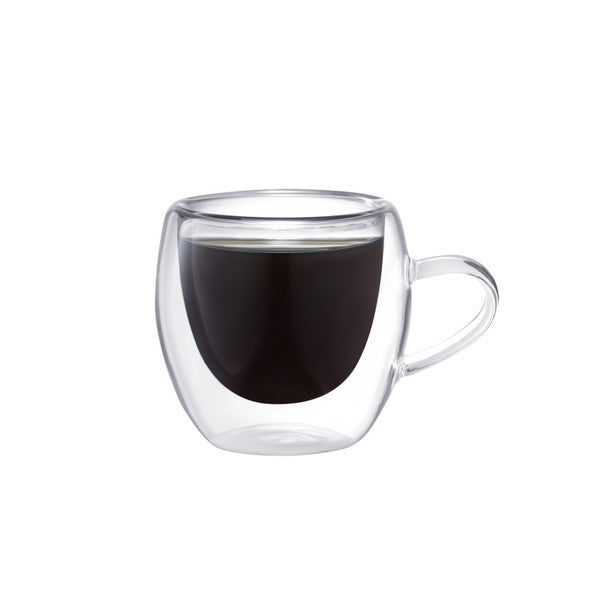 Double walled clear espresso cup with black coffee