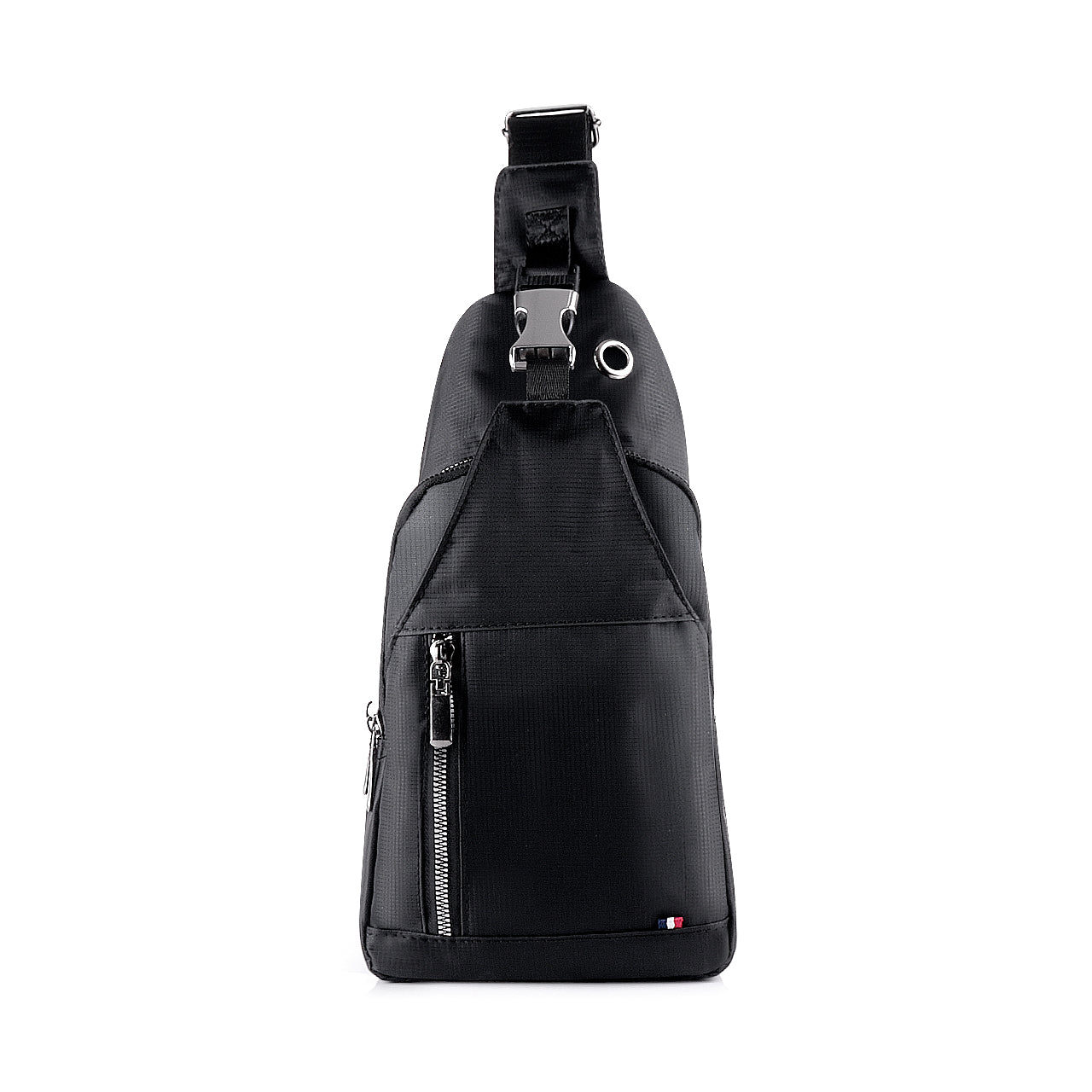 Black Nylon Sling Bag with Protective Buckle and Zipper Compartments