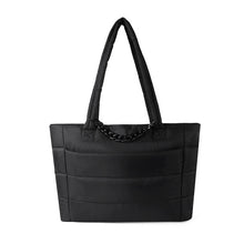 Load image into Gallery viewer, Front view of Nollia Aime black nylon commuter tote with chain detail.
