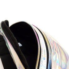 Load image into Gallery viewer, Futuristic silver hologram fanny pack with zip pockets open
