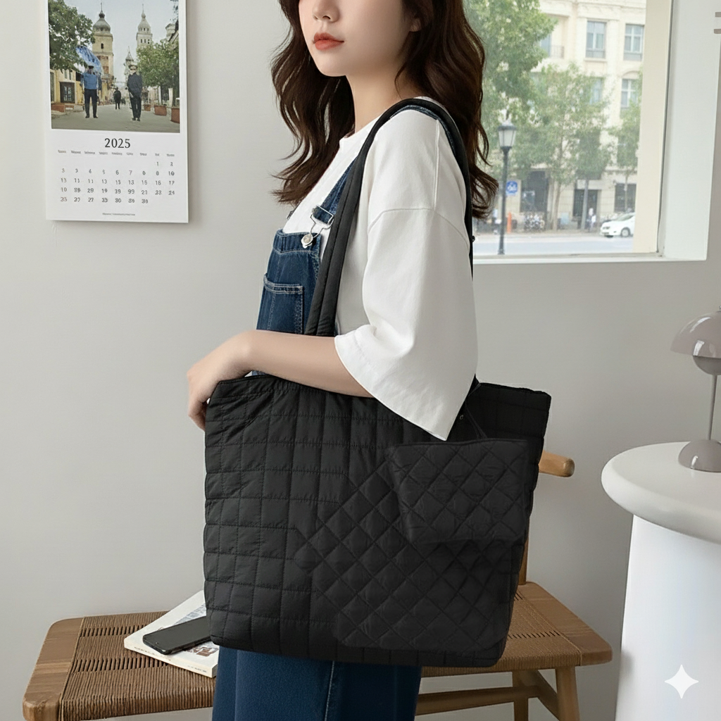 Nollia Bethany Black Quilted Nylon Commuter Tote with Mini Tote Bag