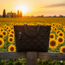 Load image into Gallery viewer, Nollia Harper Black Quilted Nylon Tote Bag with Heart Bag Charm

