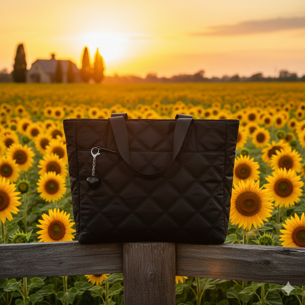 Nollia Harper Black Quilted Nylon Tote Bag with Heart Bag Charm