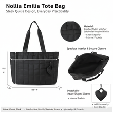 Load image into Gallery viewer, Nollia Emilia Black Quilted Nylon Tote Bag with Heart Bag Charm
