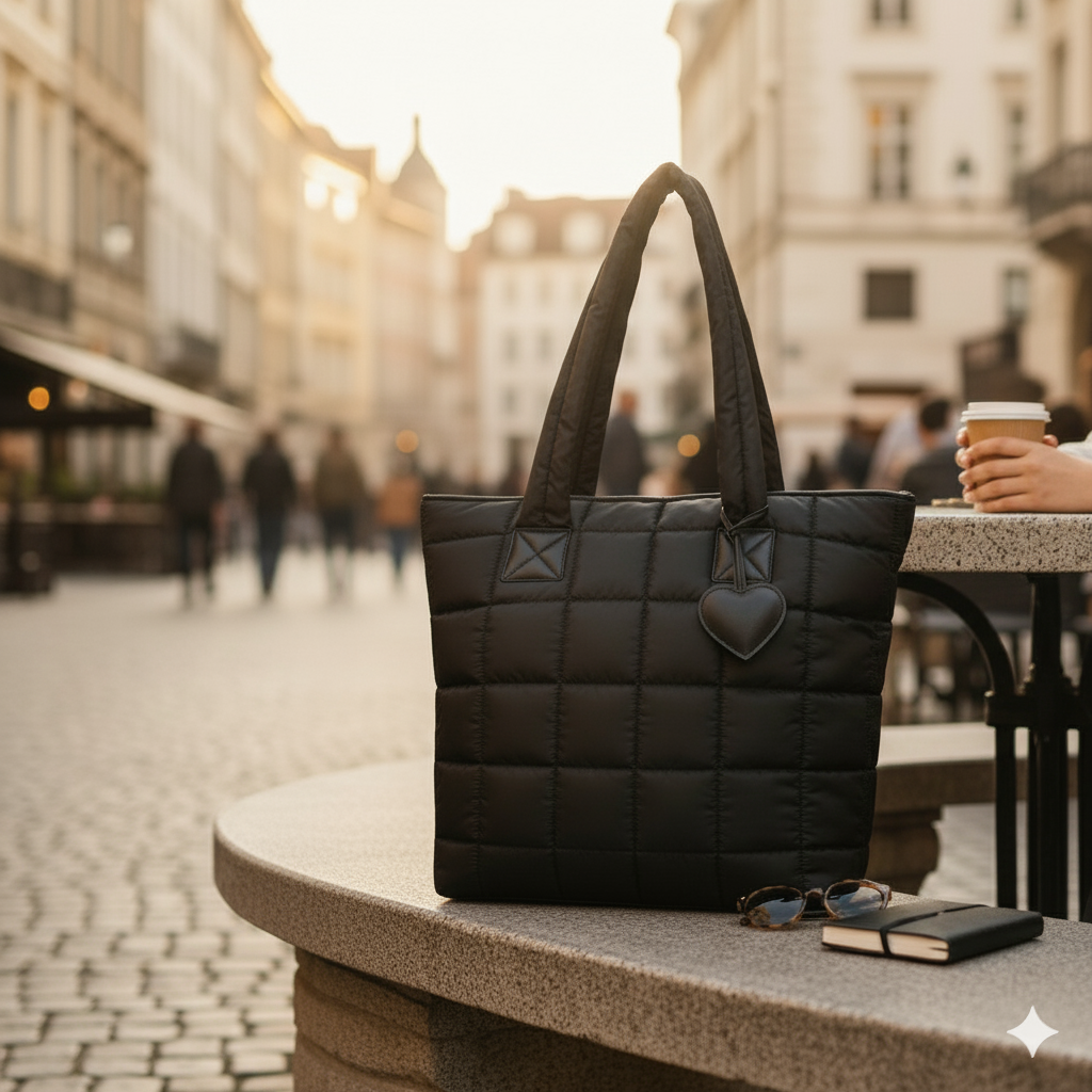 Nollia Everyday Black Quilted Tote Bag with Heart Charm