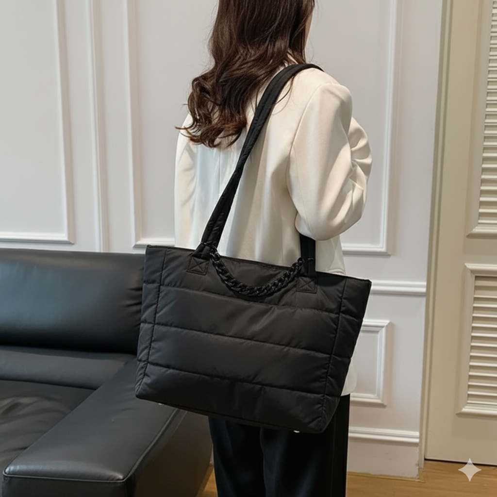 Nollia Aime Black Nylon Commuter Tote with Chain Accent and Luggage Strap