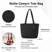 Load image into Gallery viewer, Nollia Camyrn Quilted Nylon Tote Bag with Paris Charm – Black Puffer Shoulder Bag
