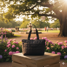 Load image into Gallery viewer, Nollia Aime Black Nylon Commuter Tote with Chain Accent and Luggage Strap
