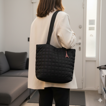 Load image into Gallery viewer, Nollia Camyrn Quilted Nylon Tote Bag with Paris Charm – Black Puffer Shoulder Bag
