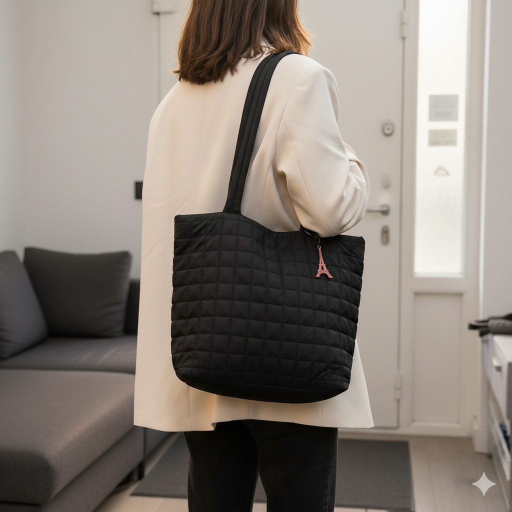 Nollia Camyrn Quilted Nylon Tote Bag with Paris Charm – Black Puffer Shoulder Bag
