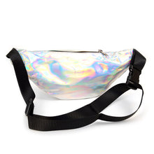 Load image into Gallery viewer, Glossy silver belt bag with adjustable black strap rear view
